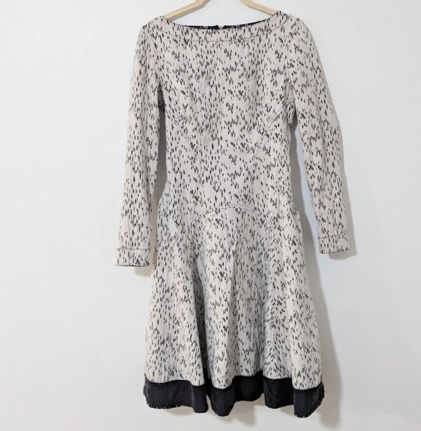 Lela Rose Reversible Long Sleeve Dress Printed Black Ivory Knee Length Zipper 6 - Image 2 of 4