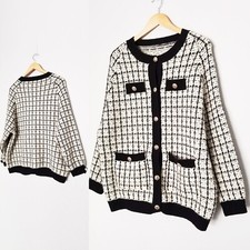 Black Ivory Tweed Textured Chunky Knit Cardigan Jacket Sweater Pockets Oversized