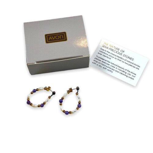 Vintage Avon Freshwater Pearl & Amethyst Hoops W/ Box - Picture 1 of 4