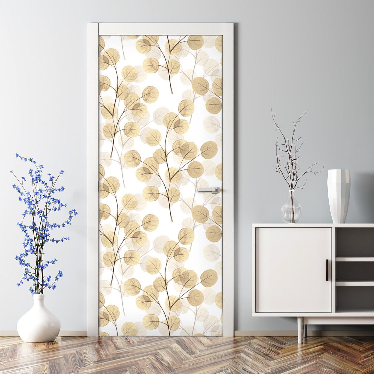 Branches with Round Leaves Renters Delicate Pattern Self Adhesive Door Decal