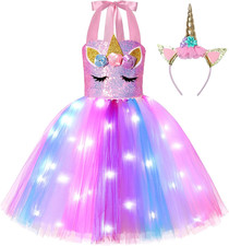Unicorn Dress for Girls Sequin Unicorn Costume with LED Lights for Halloween Bir