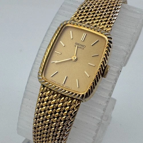 Vintage Seiko Quartz Watch 1400-8219 Women Gold Tone Barrel Analog New Batter 6"