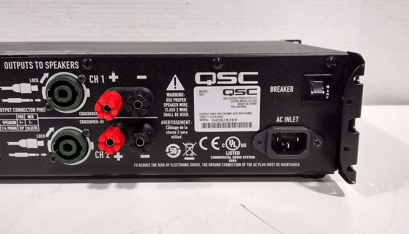 QSC GX3 Two Channel 425W Per Channel 4Ω Stereo Power Amplifier - Untested