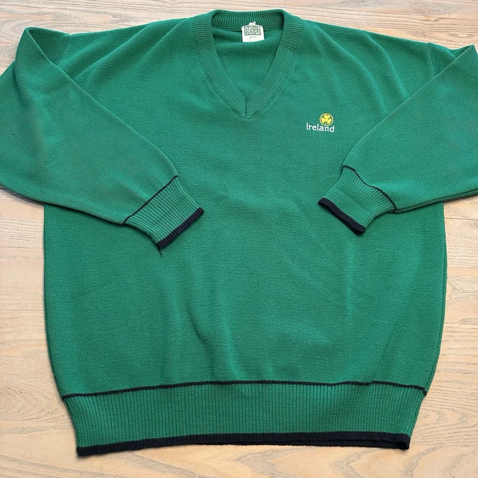 ЧИТАЙТЕ ВИНТАЖНЫЙ Emerland Sports Ирландии пуловер свитер мужской прибл. размер XL зеленый V шеи - Изображение 2 из 4