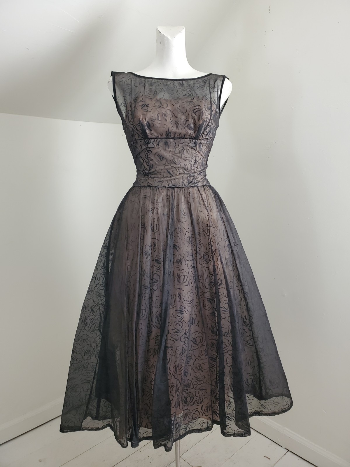 50s 60s Vtg Flocked Black Rose Party Dress - image 2