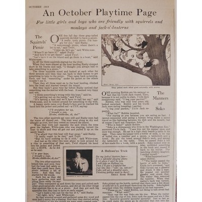 1918 Vintage October Children s Playtime Page Antique Halloween Ephemera Decor