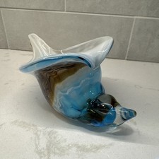 Sea Glass Art Figurines Hand Blown Conch Shell Sculpture, Blue Brown Beach Decir