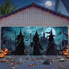 7 X 16 Ft Halloween Garage Door Cover Banner Decoration Large Witch Ghost Gravey