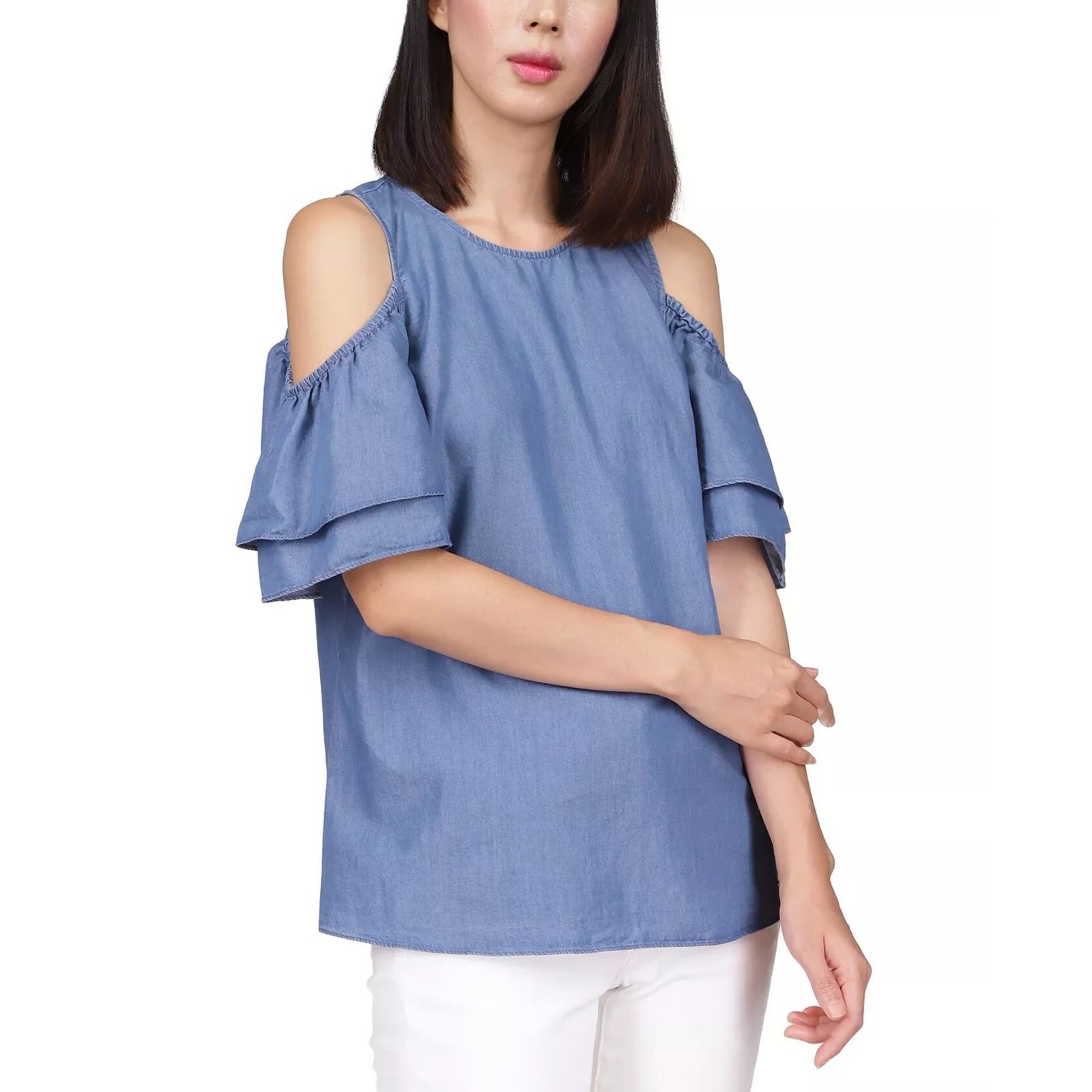 Michael Kors Women Blue Cotton Tiered-Sleeve Cold-Shoulder Relaxed Top Size XS