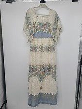 VTG Boho Maxi Dress, Hippie 1960s Floral & Lace Print Bell Sleeve Crochet Hem