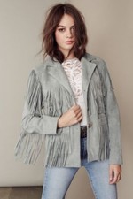 Women's Leather Jacket Grey Suede Cow Lady Franse Local Western Coat New