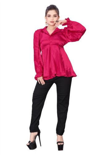 Głęboka różowa satynowa koszula z pół guzikami wiktoriańska koszula z długim rękawem koszula/top S86 - Zdjęcie 1 z 11