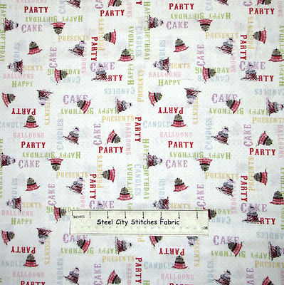 Birthday Party Cake Words Kids Fabric By the Yard Cotton Clothworks
