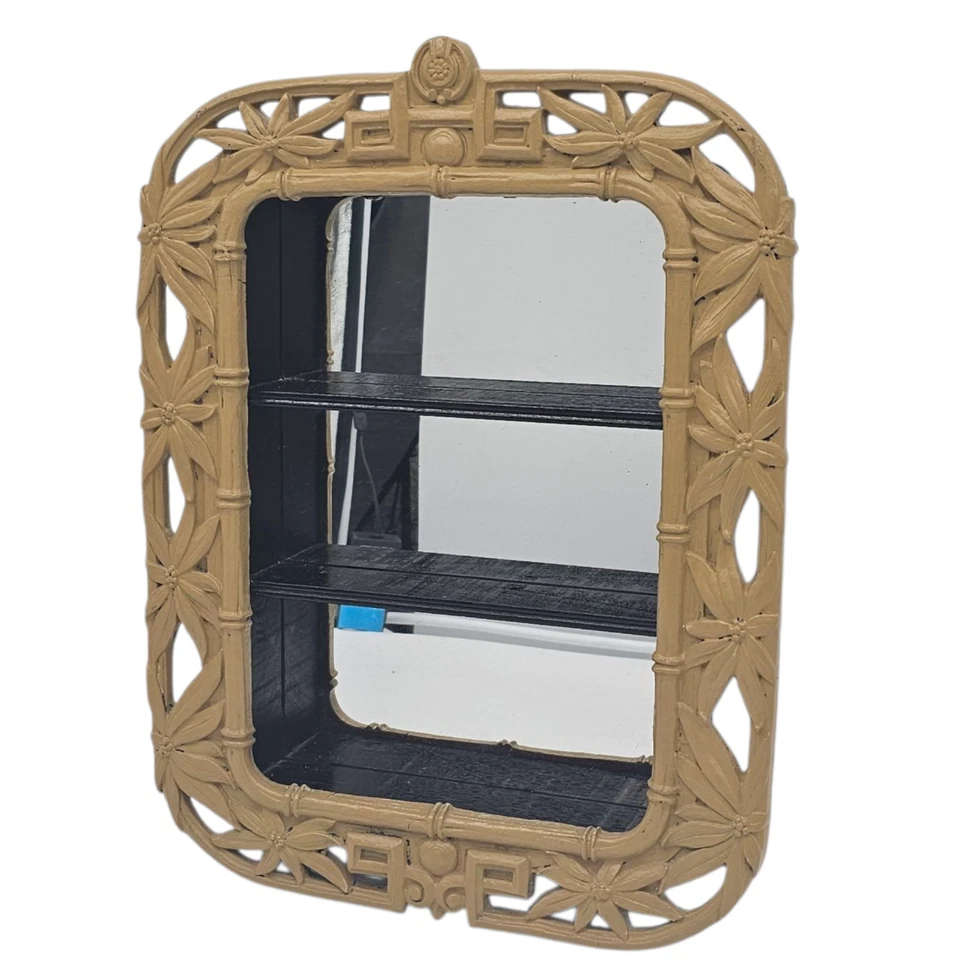 Chinese Bamboo Wood Carved Mirror Curio Cabinet Wall Shelf Asian Décor 19.5” - Image 2 of 4