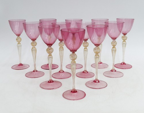 12 Cranberry Pink Glass 4 ounce Wine Goblets Gold Fleck Stem circa 1940 - Picture 2 of 6