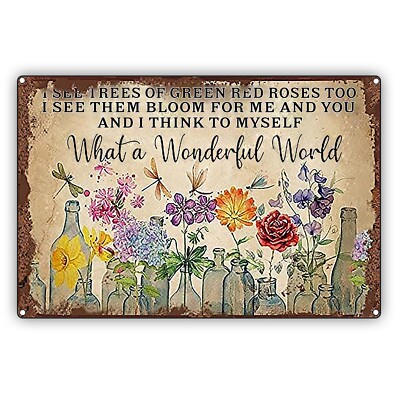 What A Wonderful World Vintage Sign I See Tree Of Red Rose Aluminum Metal Sign