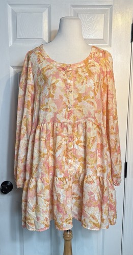 Flying Tomato Dress Womens Large Orange Ivory Floral Chiffon Long Sleeve
