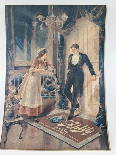 Vintage Schlitz Beer Sign Display "The Maid's Dilemma 1906"