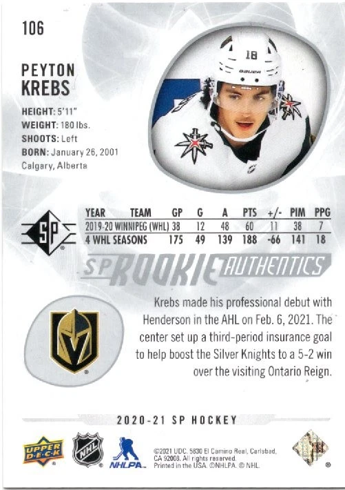 2020-21 SP Retail SP Rookie Authentics Sphericity Peyton Krebs #106 Rookie RC - Image 2 of 2