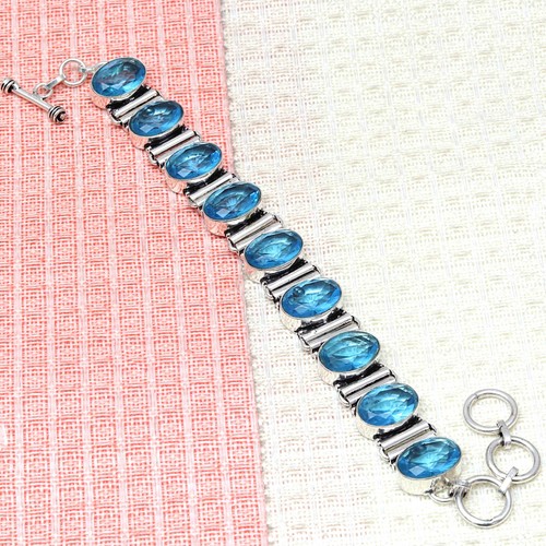 Swiss Blue Quartz Gemstone Handmade Ethnic Jewelry Bracelets 7-8'' - Picture 5 of 11