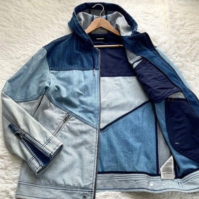 DIESEL Indigo Jeansjacke M Patchwork Logo Metallbeschläge Herrenmode