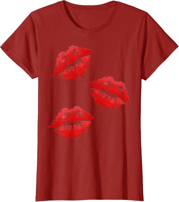 Kissing Lips Face Red Lipstick On Kiss Design Ladies' Crewneck T-Shirt