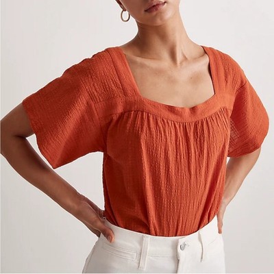 NWT Madewell Square Neck Short Sleeve Popover Top Windowpane Orange Size XS