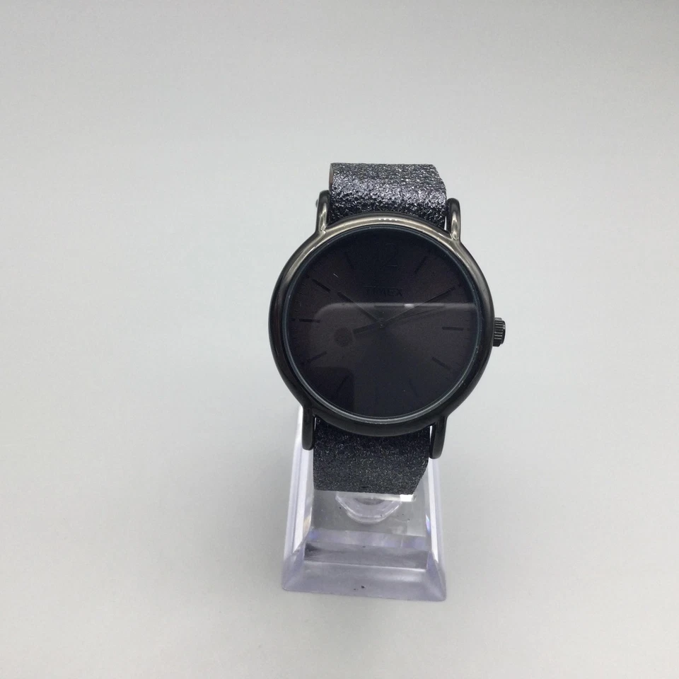 Timex 手表女式 38 毫米黑色表盘灰色闪光皮革表带 T2P337 全新电池 — 第 2/4 张图片