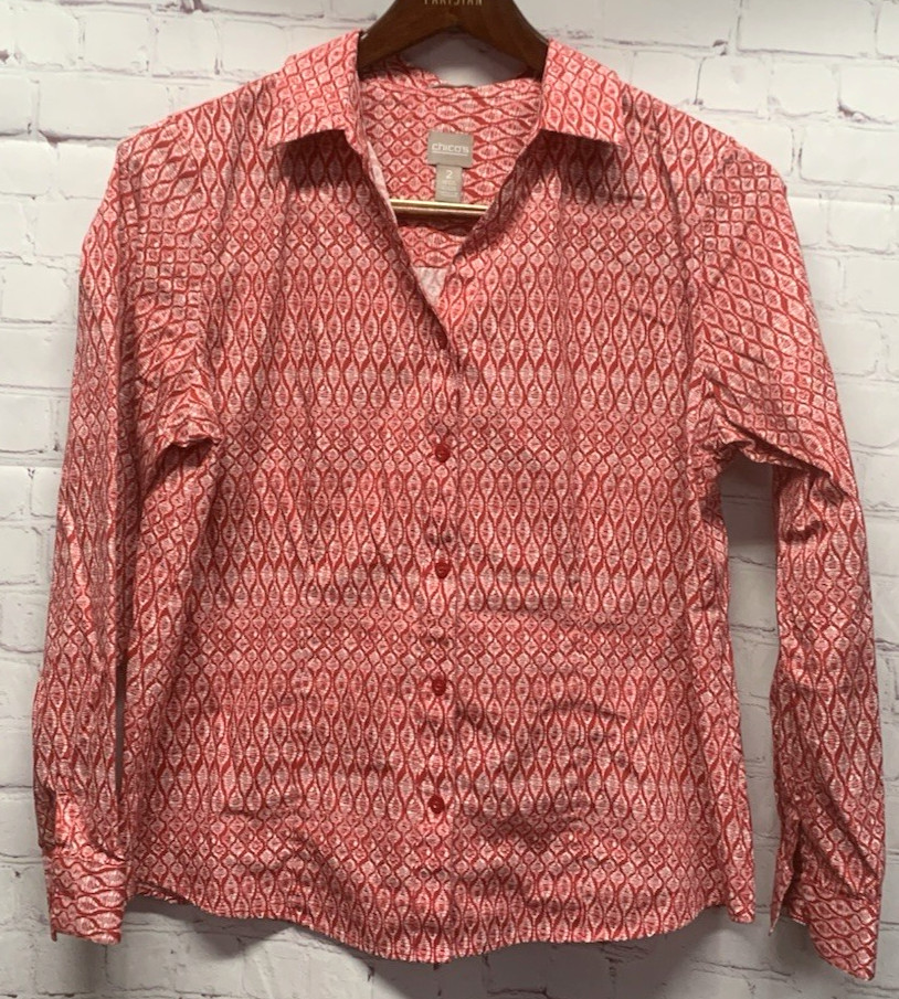 Chico's Large (Sz 2) Red Pattern Button Front Shi… - image 1