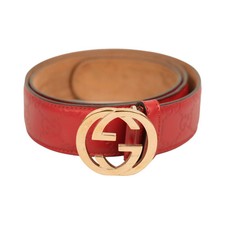 GUCCI Signature Belt Red Gold Leather Vintage 80/3