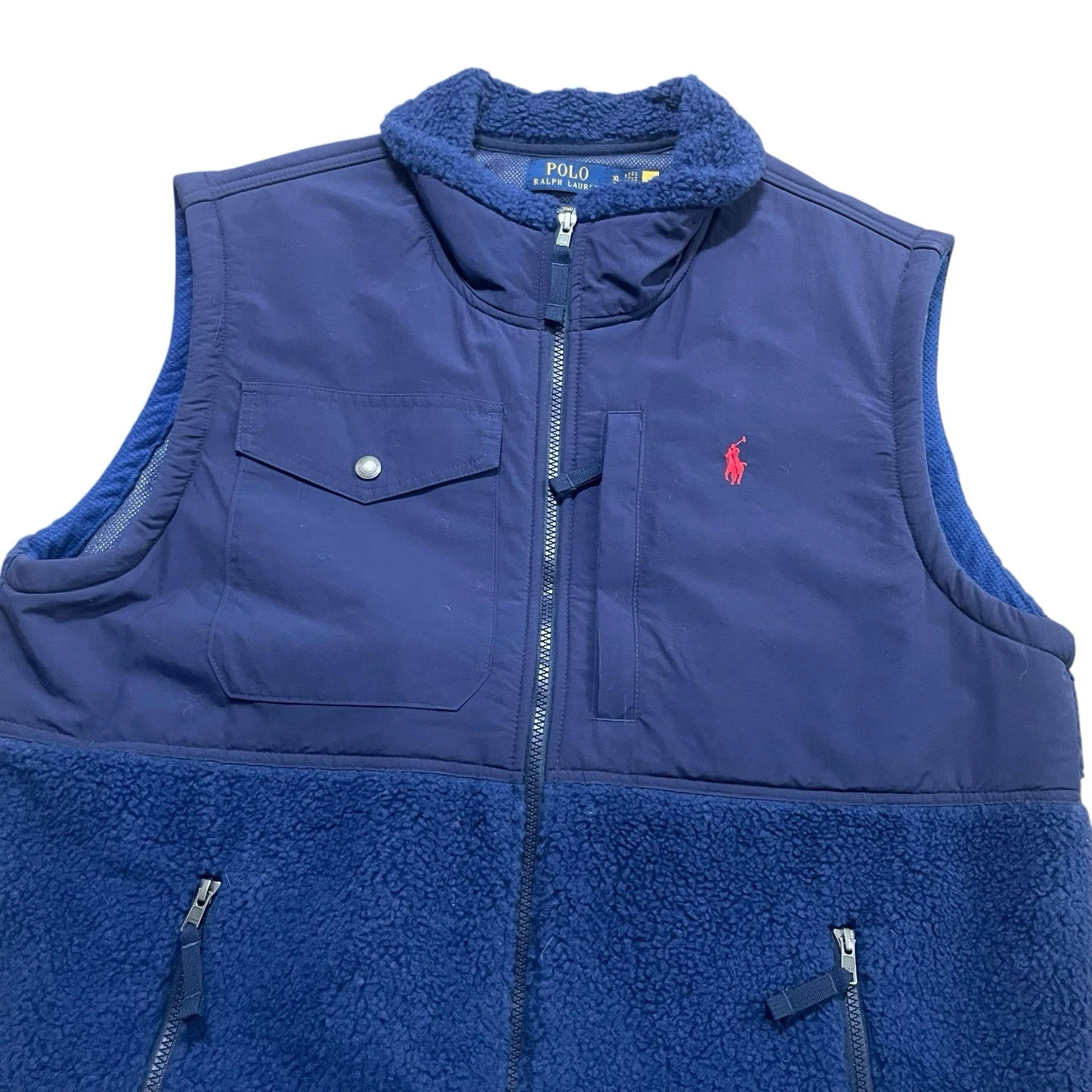 Ralph Lauren Wind Blocking Hybrid Vest Men XL Navy Pile Fleece Insulate Full Zip