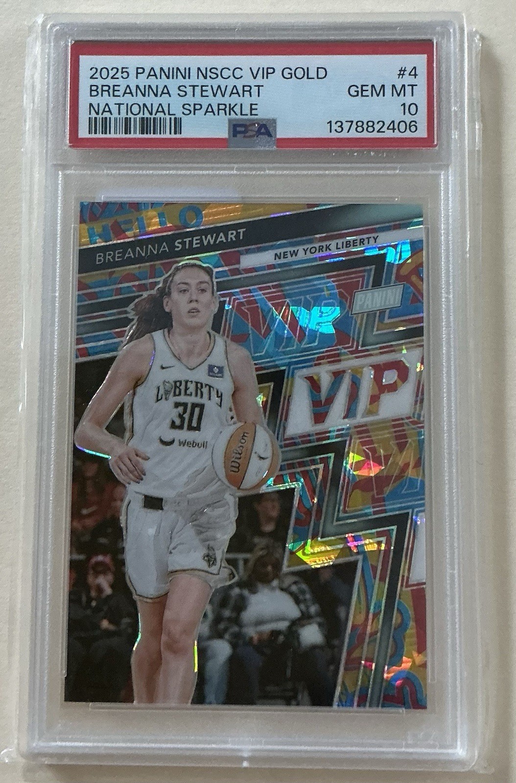 Panini 2025 NSCC VIP Gold Breanna Stewart #4 National Sparkle /45 PSA 10