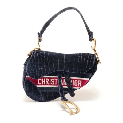 Authentic Christian Dior Saddlebag One Belt Velour Shoulder Bag Navy  WS29058