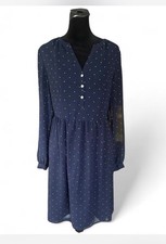 a new day Blue White Polka Dot Chiffon V-Neck Lined Button Front Dress S