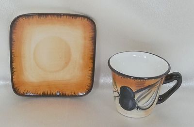Hand Painted Tuscan Style Demitasse Cup & Saucer Set Olives & Garlic
