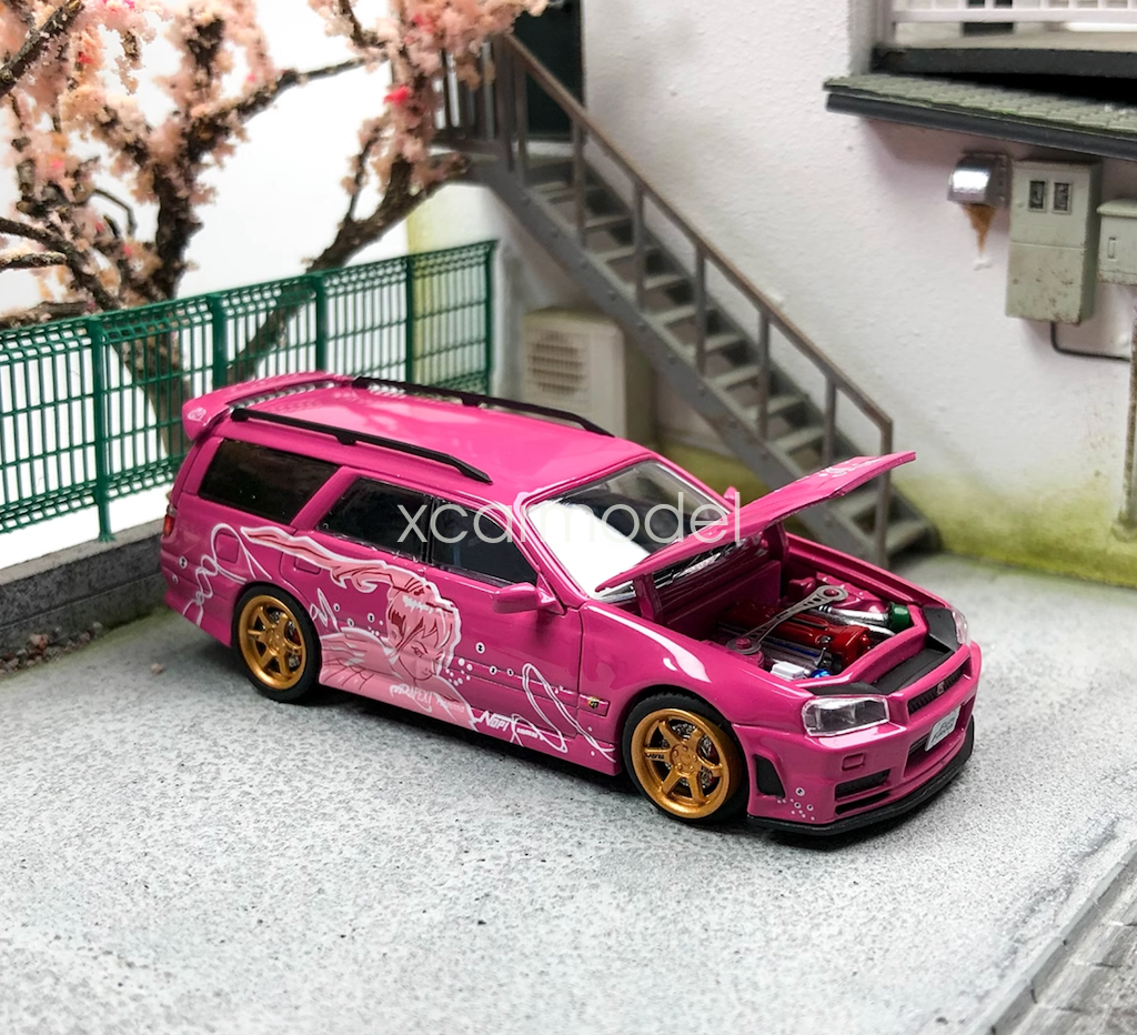 Zoom 1:64 GTR R34 Stagea WC34 260RS Wagon Pink Diecast Metal Car