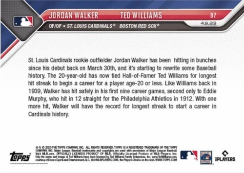 Jordan Walker/Ted Williams - Carta 2023 MLB TOPPS NOW® 87 cravatte Hit Streak! RC - Foto 2 di 2