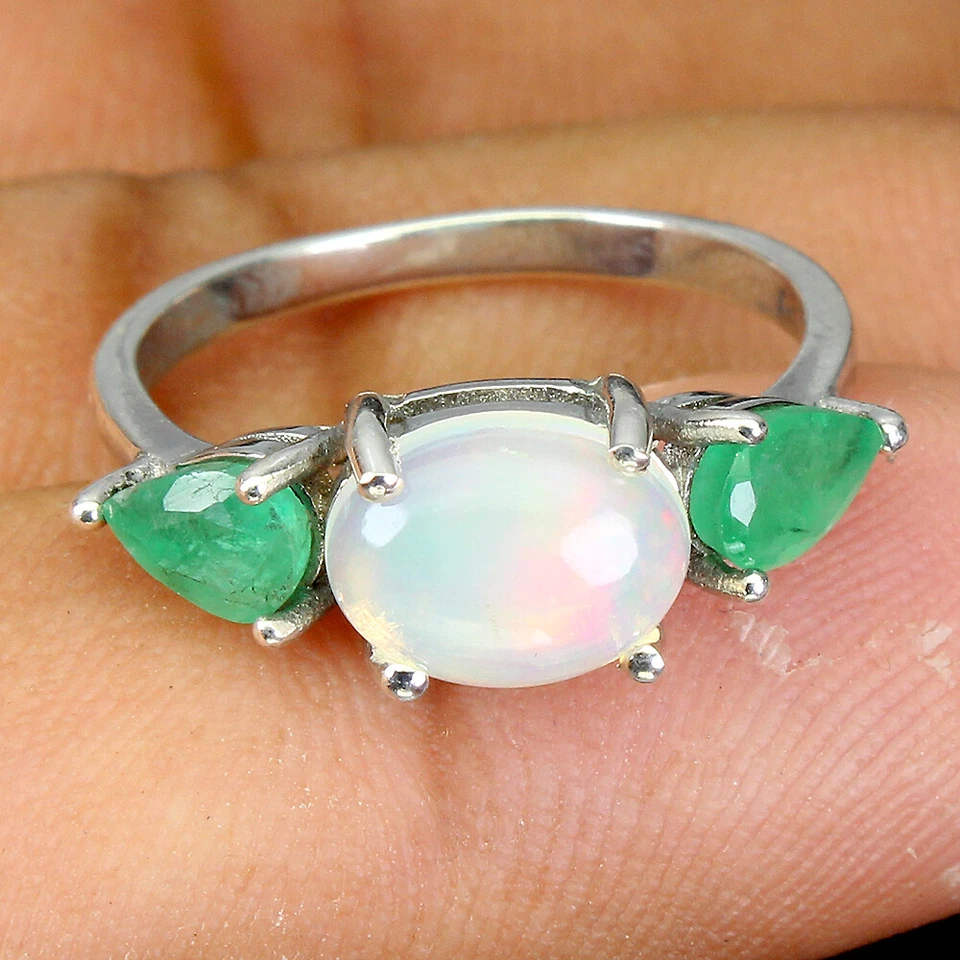 925 Sterlingsilber Ring Oval Feuer Opal 9x7mm Smaragd Edelstein Schmuck Size 7.5 - Bild 3 von 4