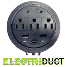 Power Tap Grommet - Desk Outlet Table - Hidden Power Center w/ 3 Power & 2 USB