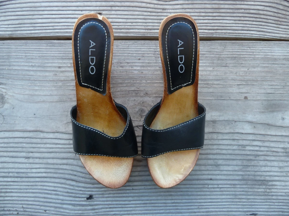 Mos Uredelighed Globus Vintage Y2K Aldo Sandals Wood Wedge Platform Black Leather EU 35 US 4 | eBay