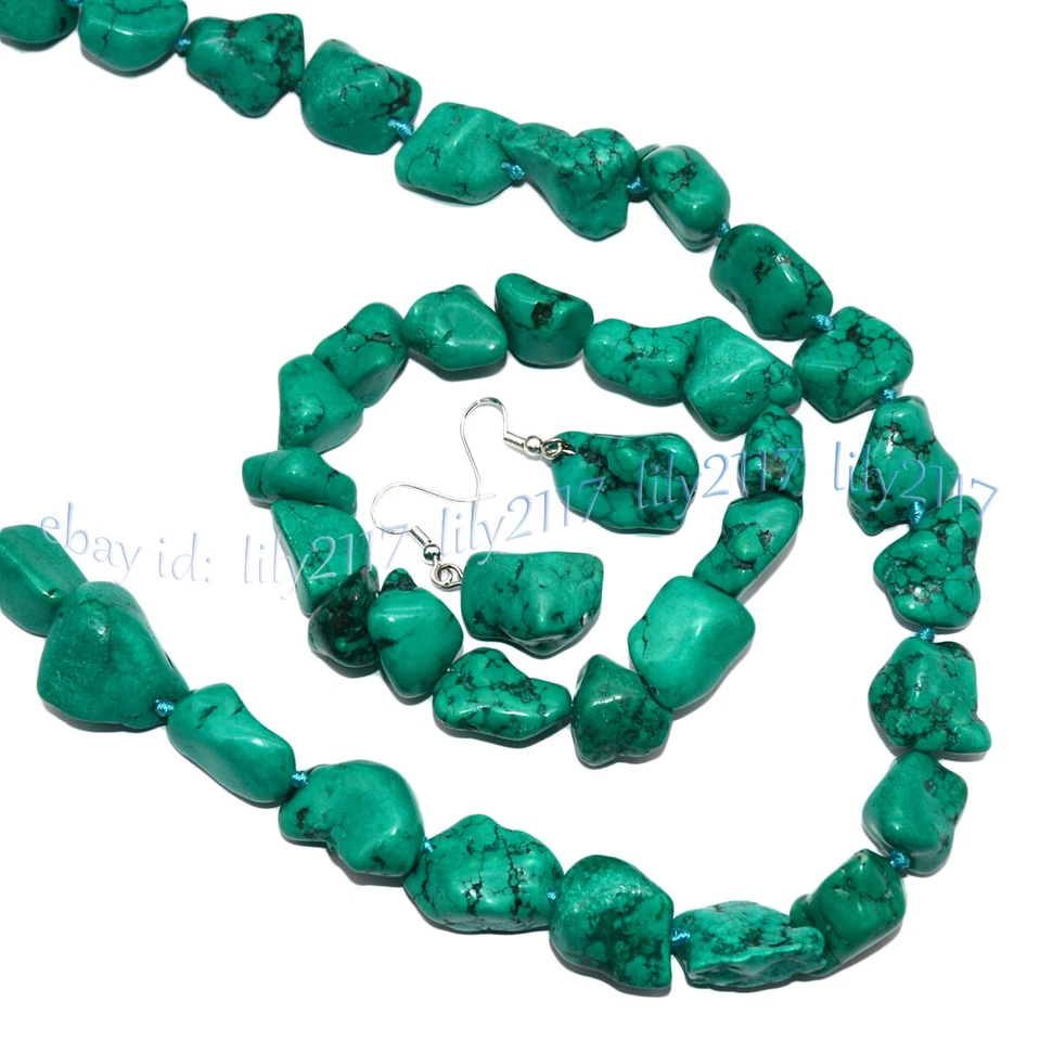 Chunky Natural Turquoise Irregular Nugget Beaded Necklace Bracelet Earrings Set - Image 3 of 4