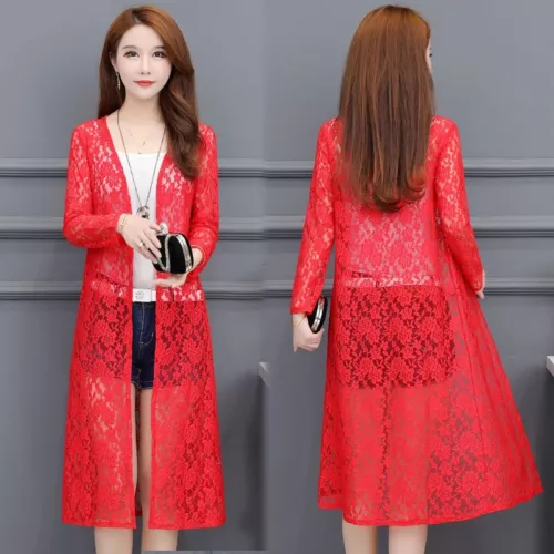 Women Lace Kimono Cardigan Sheer Floral Midi Shawl Jacket Open Front Robe - Picture 13 of 21