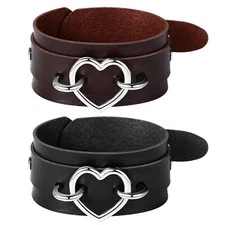 Womens Girls Punk Heart Charm Wide Leather Cuff Bracelet Rock Bangle Adjustable