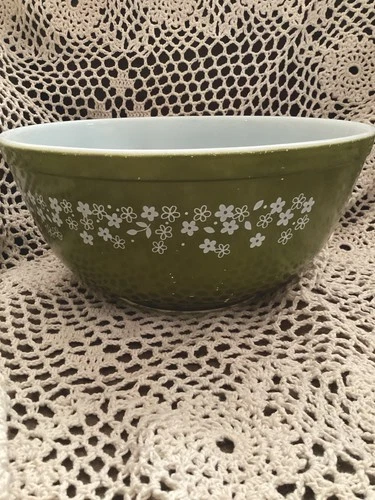 Vintage Olive Green Floral Pyrex Bowl