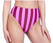 Shade  Shore High Waist High Leg Cheeky Pink Stripe Bikini Bottom Sz L 12-14 