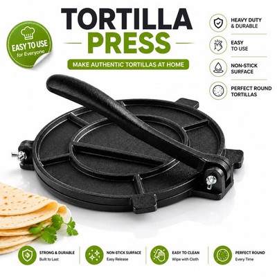 8 Inch Cast Iron Tortilla Press Heavy Duty Chapati Roti Taco Dough Maker Kitchen