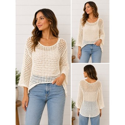 Blu Pepper Cream Open Knit Crochet Sweater Scoop Neck High Low Boho Ivory Small