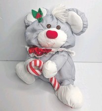Fisher Price Puffalumps CHRISTMAS MOUSE Gray Candy Cane Plush Stuffed 1987 Vtg