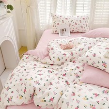 Image of Pink Floral Double Duvet Cover Set 100% Cotton Chic Flowers Bedding Set Reversi