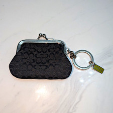 Vintage Coach Black Signature Jacquard Kisslock Coin Purse Bag Charm Keyring Y2K